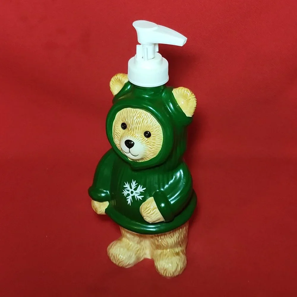 Ceramic Soap Dispenser Bear Wearing Snowflake Green Hoodie 9